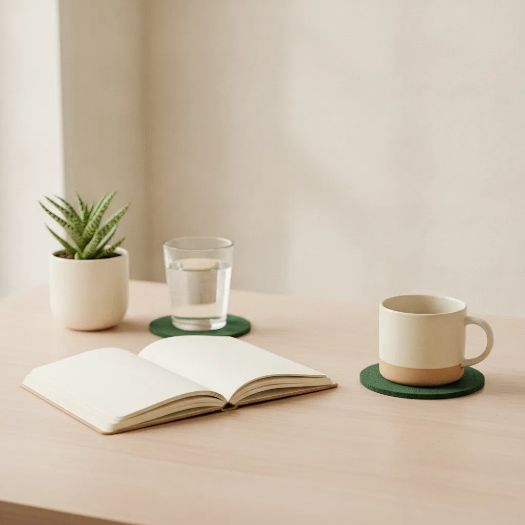 A tidy desk with a notebook, plant, and a glass of water in soft natural light