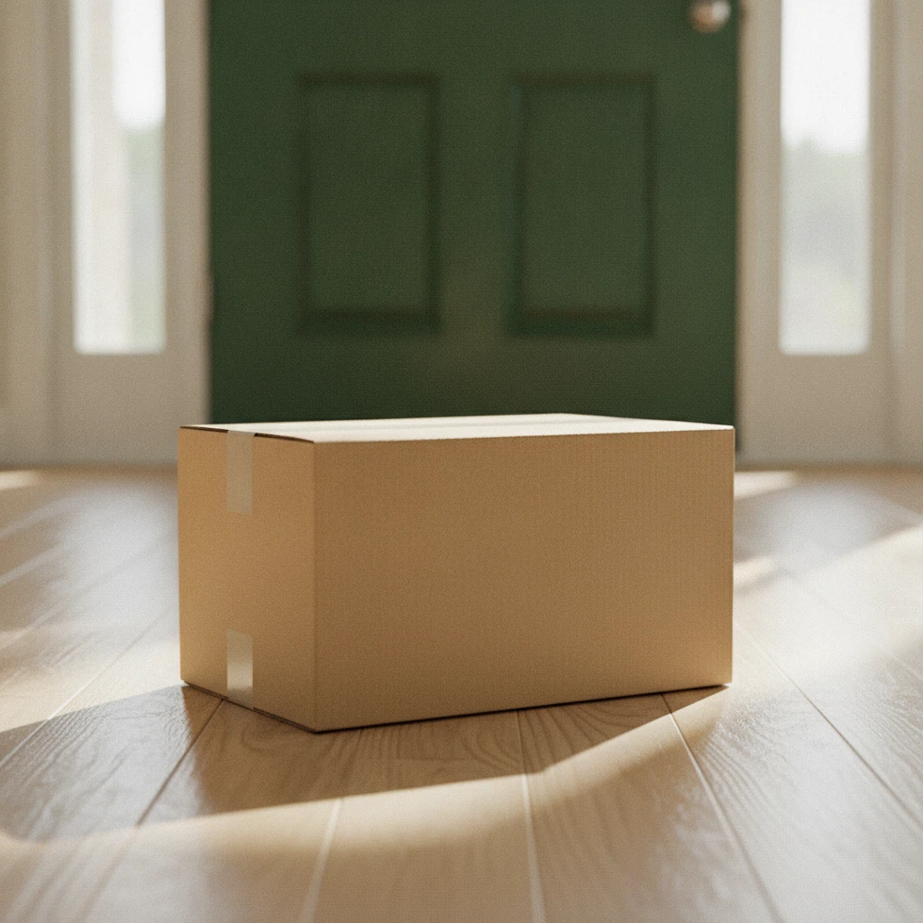 A neat kraft parcel box on a doorstep in soft natural light