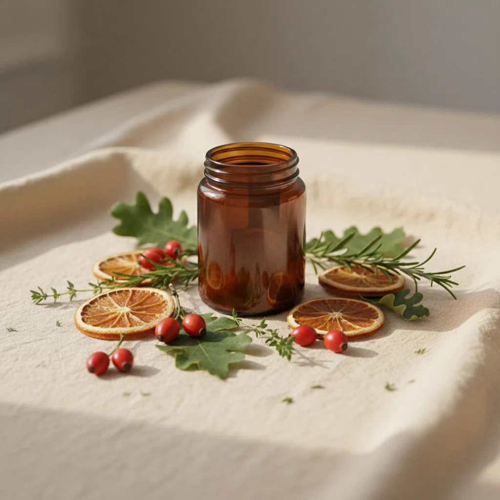 Velile Daily food supplement on a kitchen table with seasonal botanicals