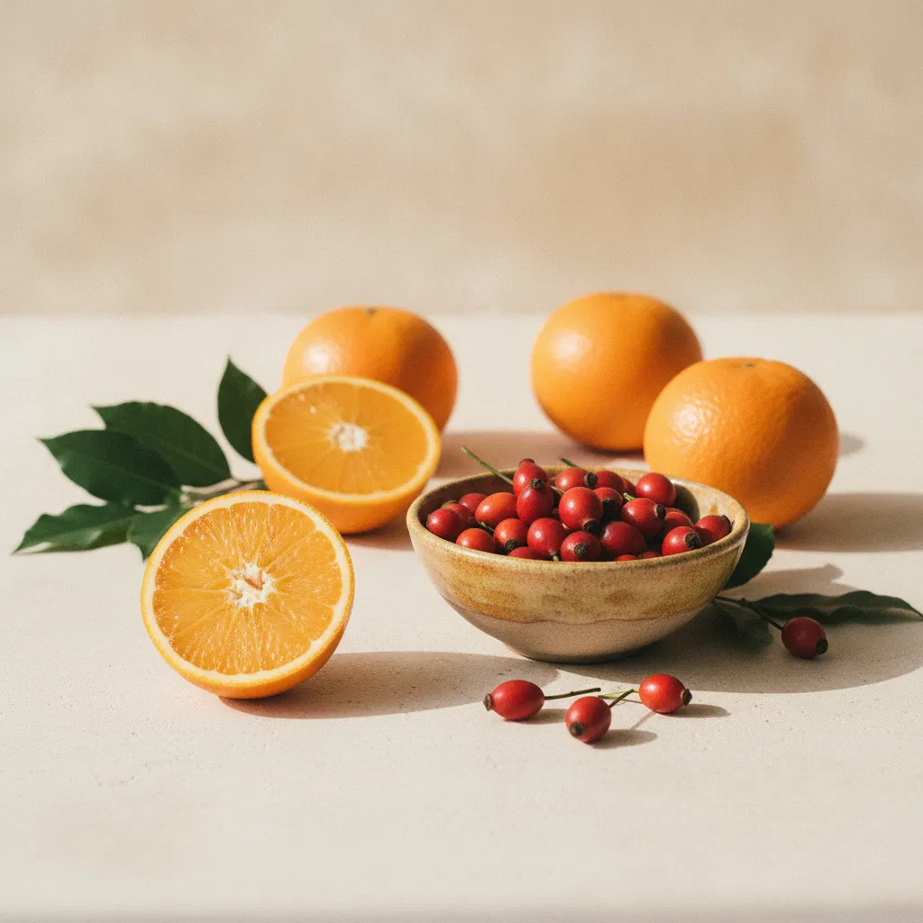 Fresh oranges and rosehips on a cream linen surface - natural sources of Vitamin C