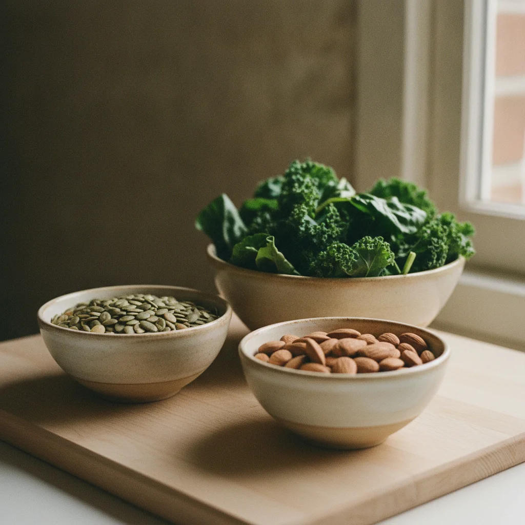 Pumpkin seeds, almonds and dark leafy greens in ceramic bowls - natural sources of Magnesium